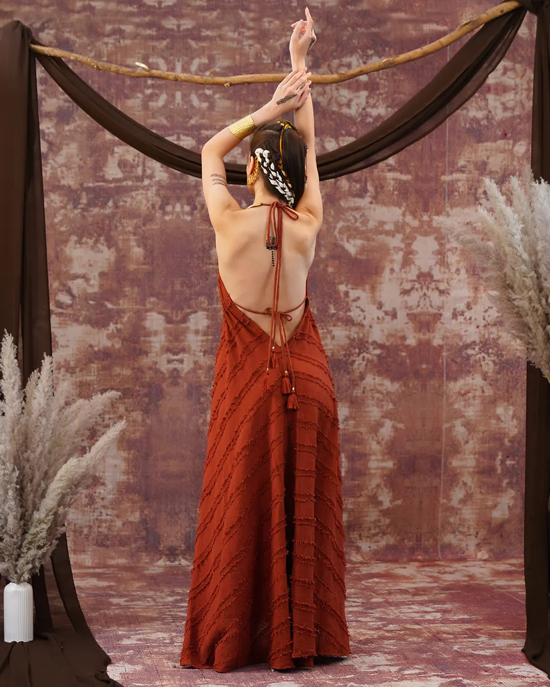 Rust Wine Butterfly Maxi Dress | Open Back Tie-Up
