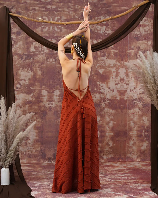 Rust Wine Butterfly Maxi Dress | Open Back Tie-Up