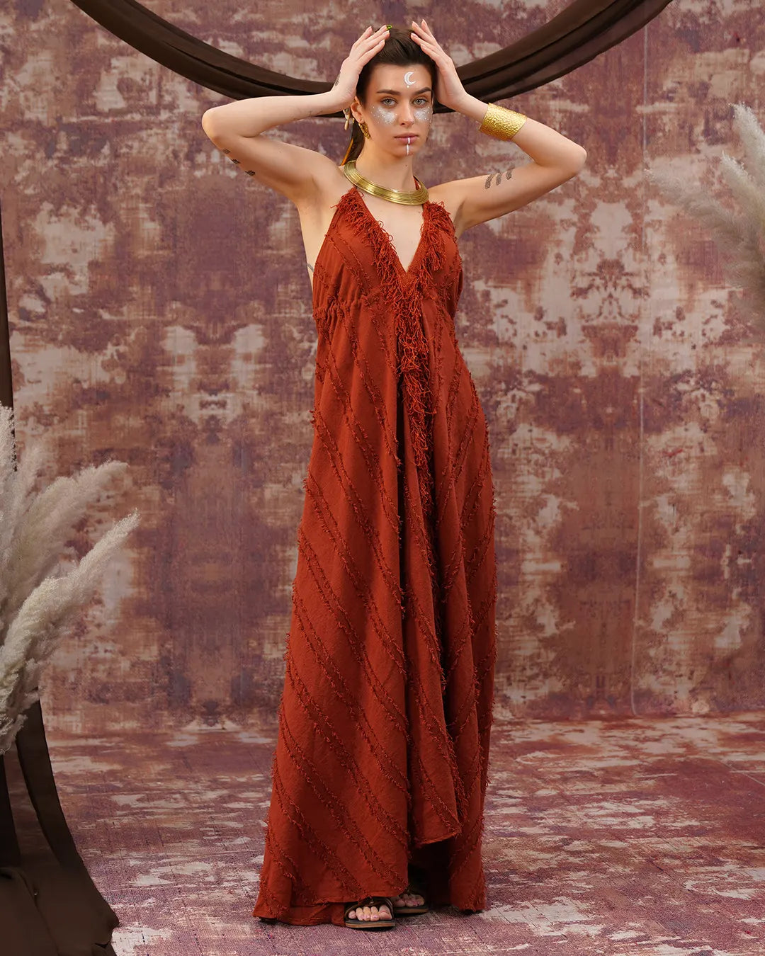 Rust Wine Butterfly Maxi Dress | Open Back Tie-Up