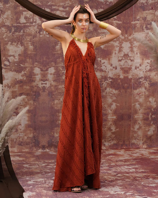 Rust Wine Butterfly Maxi Dress | Open Back Tie-Up