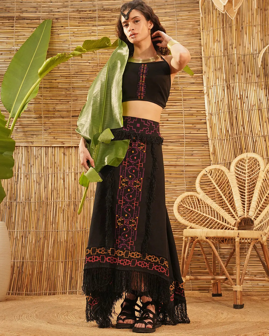 Tribal Aya Embroidered Long Skirt | Black Slit Maxi