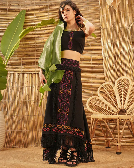 Tribal Aya Embroidered Long Skirt | Black Slit Maxi