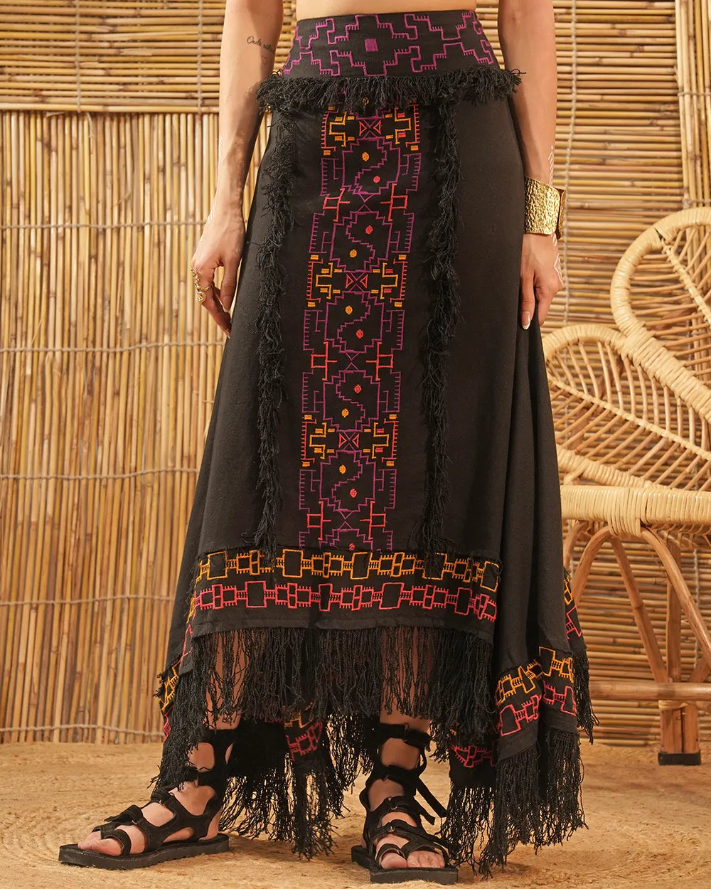 Tribal Aya Embroidered Long Skirt | Black Slit Maxi