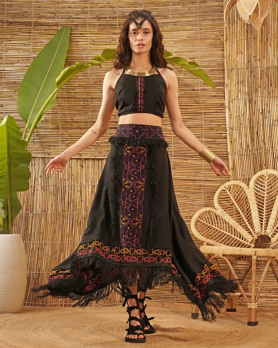 Tribal Aya Embroidered Long Skirt | Black Slit Maxi