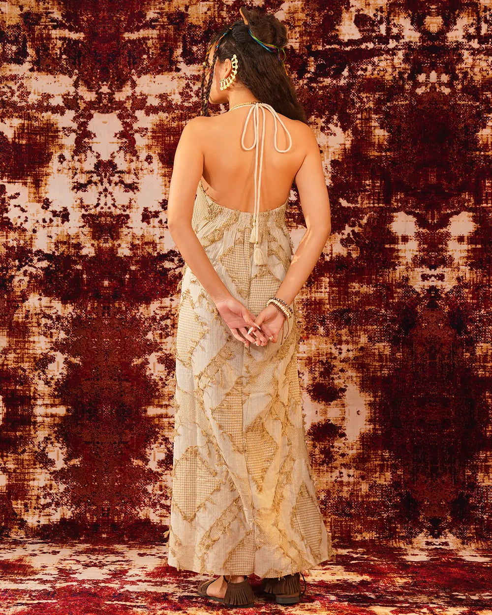 Charming Peach Butterfly Maxi Dress | Open Back Tie-Up