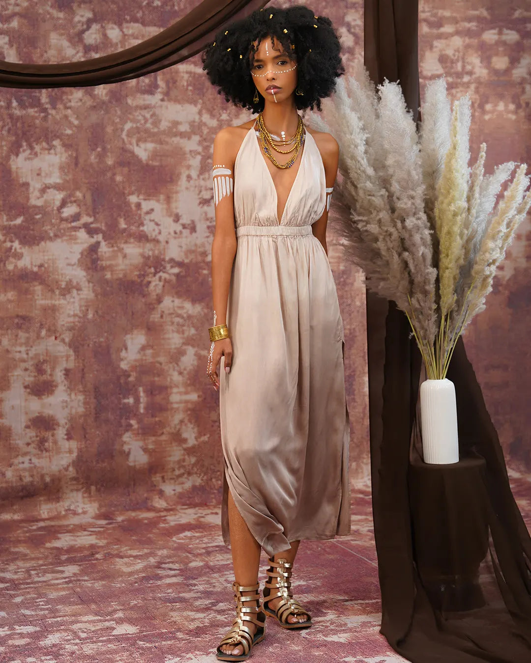 Sand Beige Elistick Long Dress | Flowing Open-Back