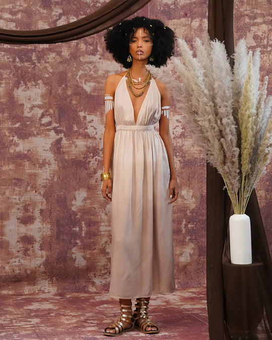 Sand Beige Elistick Long Dress | Flowing Open-Back