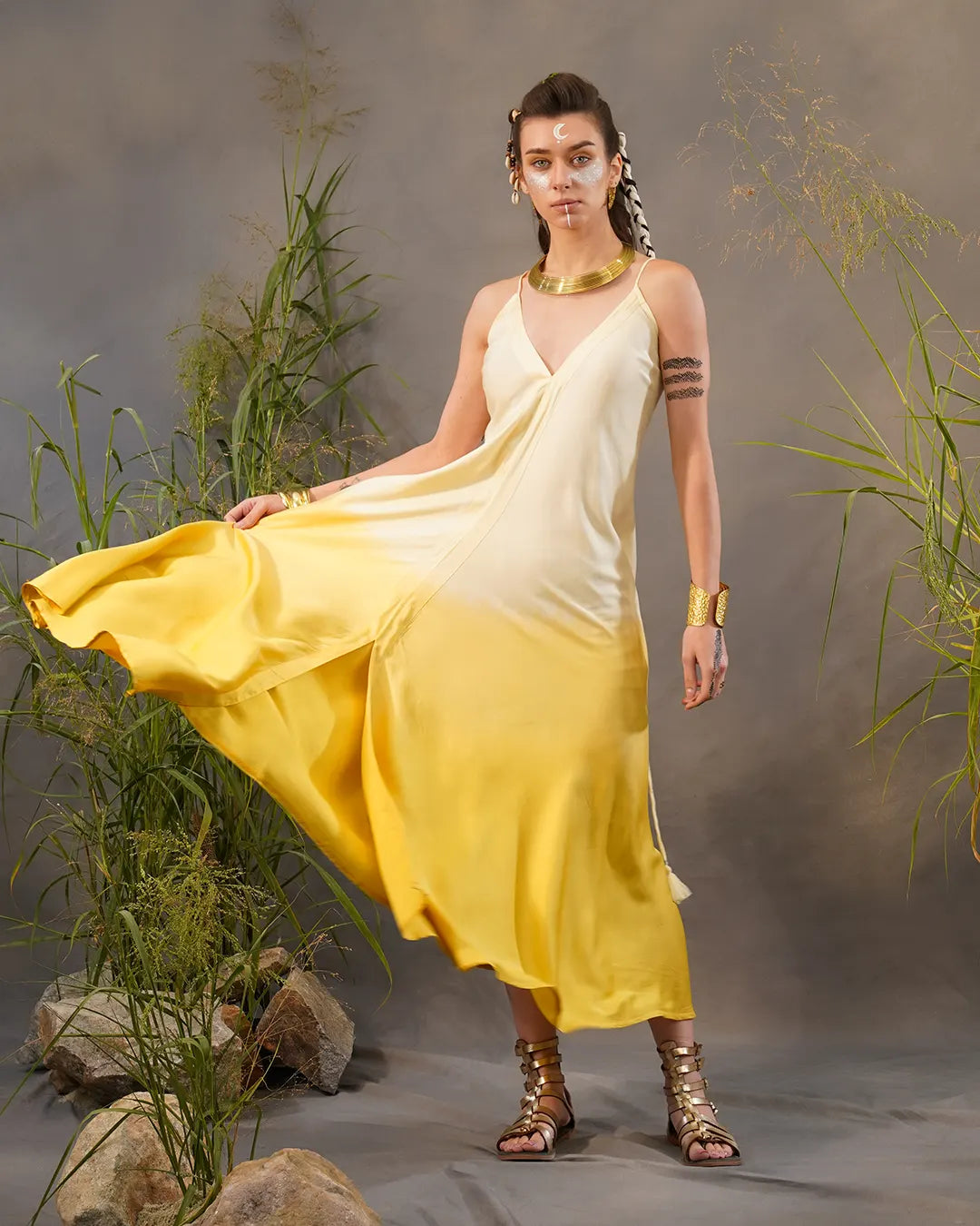 Sunlit Yellow & Soft Cream Tie-Dye Butterfly Long Dress