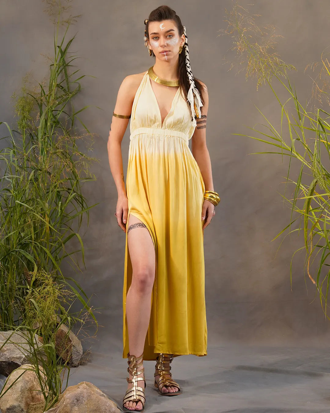 Sunlit Yellow & Soft Cream Tie-Dye Elistick Long Dress
