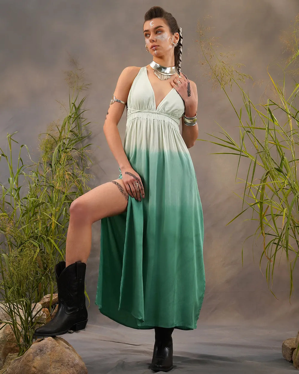 Sage & Moon-Silver Tie-Dye Elistick Long Dress