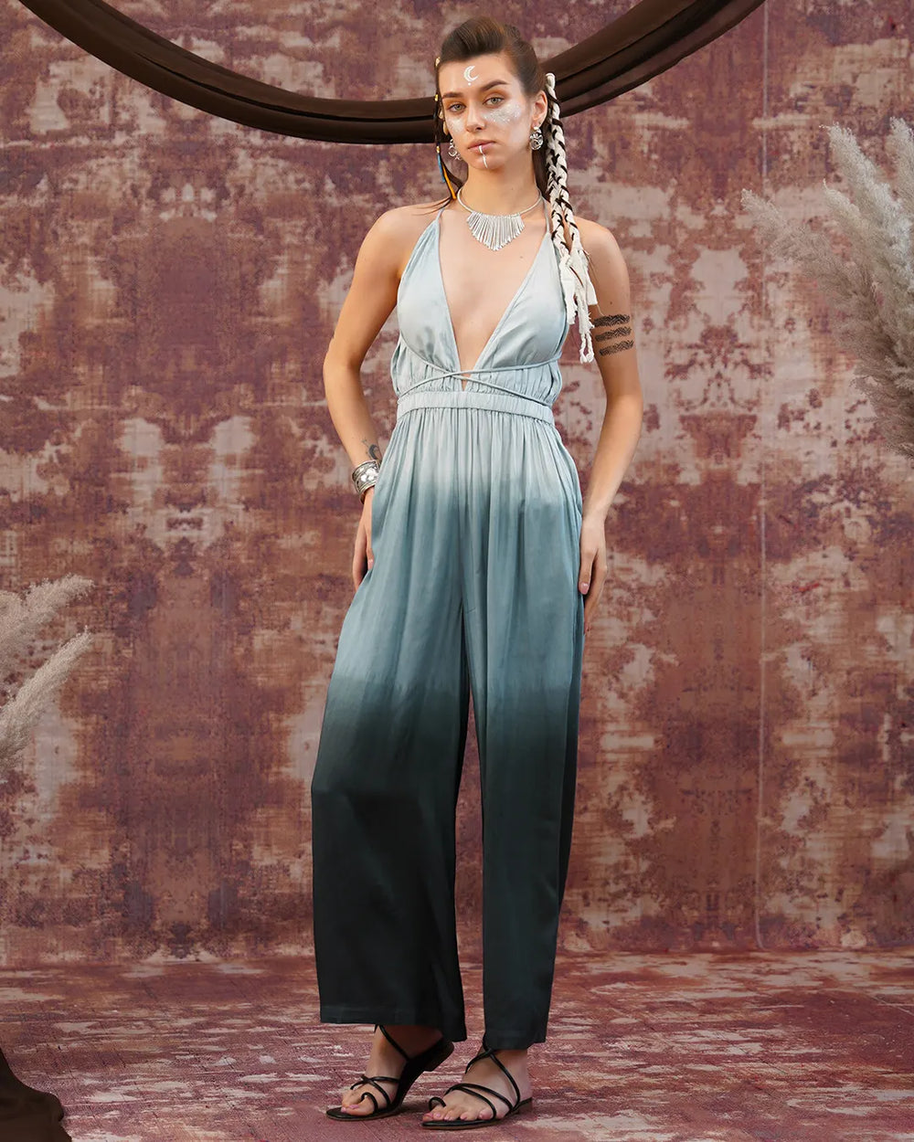 Charcoal-Cool Grey Tie-Dye | Open Back Jumpsuit