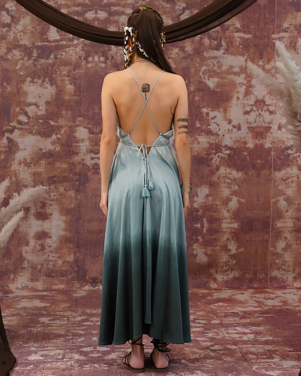 Charcoal-Cool Grey Tie-Dye Butterfly Long Dress