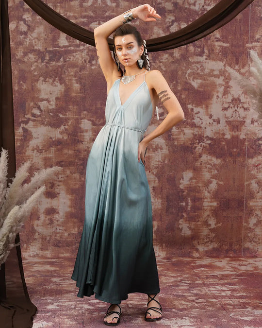 Charcoal-Cool Grey Tie-Dye Butterfly Long Dress