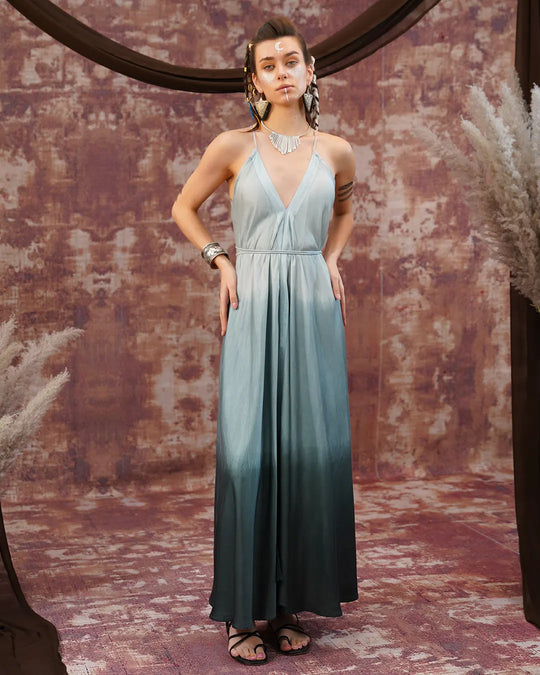 Charcoal-Cool Grey Tie-Dye Butterfly Long Dress