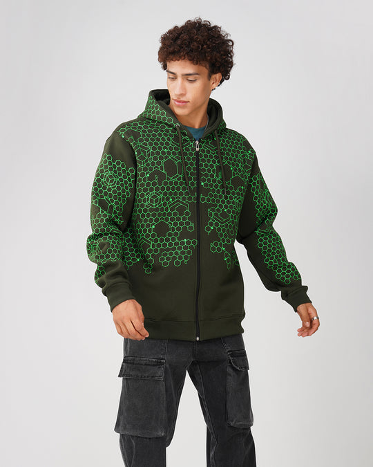 Geometric Hexagon | Zip-Up Cotton Hoodie UV Light Reactive