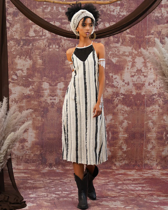 Monochrome String Hemp Dress | White & Black Striped