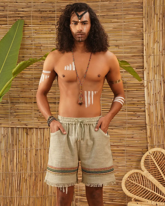 Mohri Weave Sage Sand | Men’s Tribal Trim Jute-Cotton Shorts