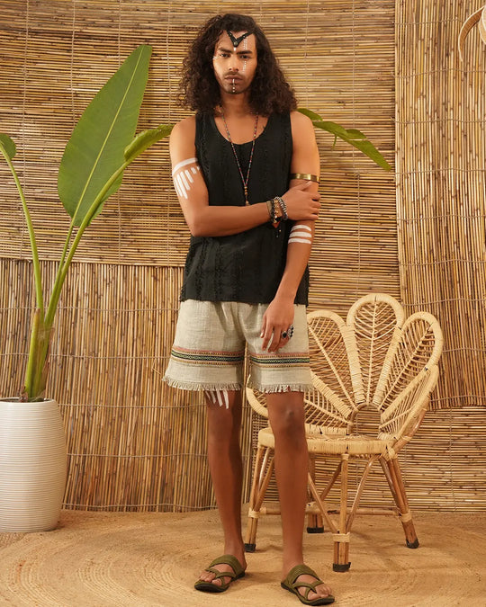 Mohri Weave Sage Sand | Men’s Tribal Trim Jute-Cotton Shorts