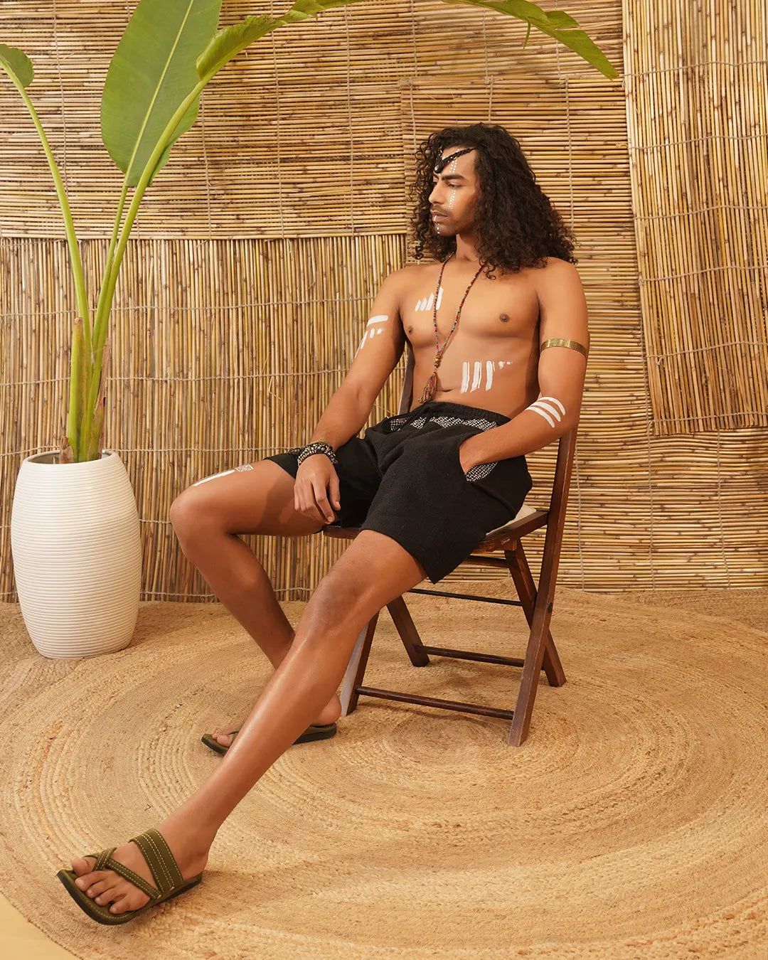 Obsidian Black Polka Thread-Print | Men’s Tribal Trim Jute-Cotton Shorts