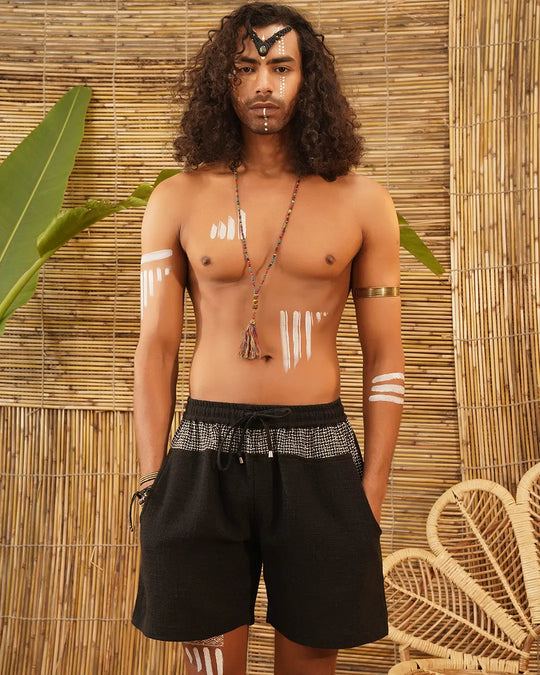 Obsidian Black Polka Thread-Print | Men’s Tribal Trim Jute-Cotton Shorts