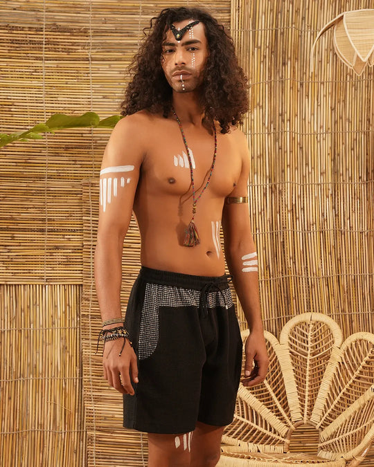 Obsidian Black Polka Thread-Print | Men’s Tribal Trim Jute-Cotton Shorts