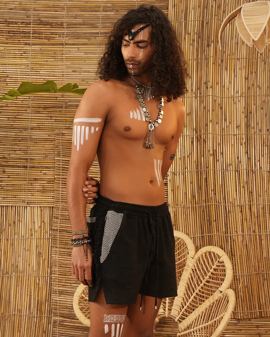 Tribal Vein Jet Black | Men’s Tribal Trim Jute-Cotton Shorts