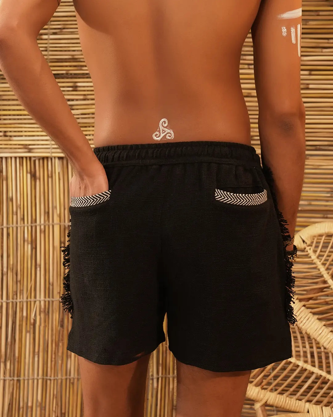 Tribal Vein Jet Black | Men’s Tribal Trim Jute-Cotton Shorts