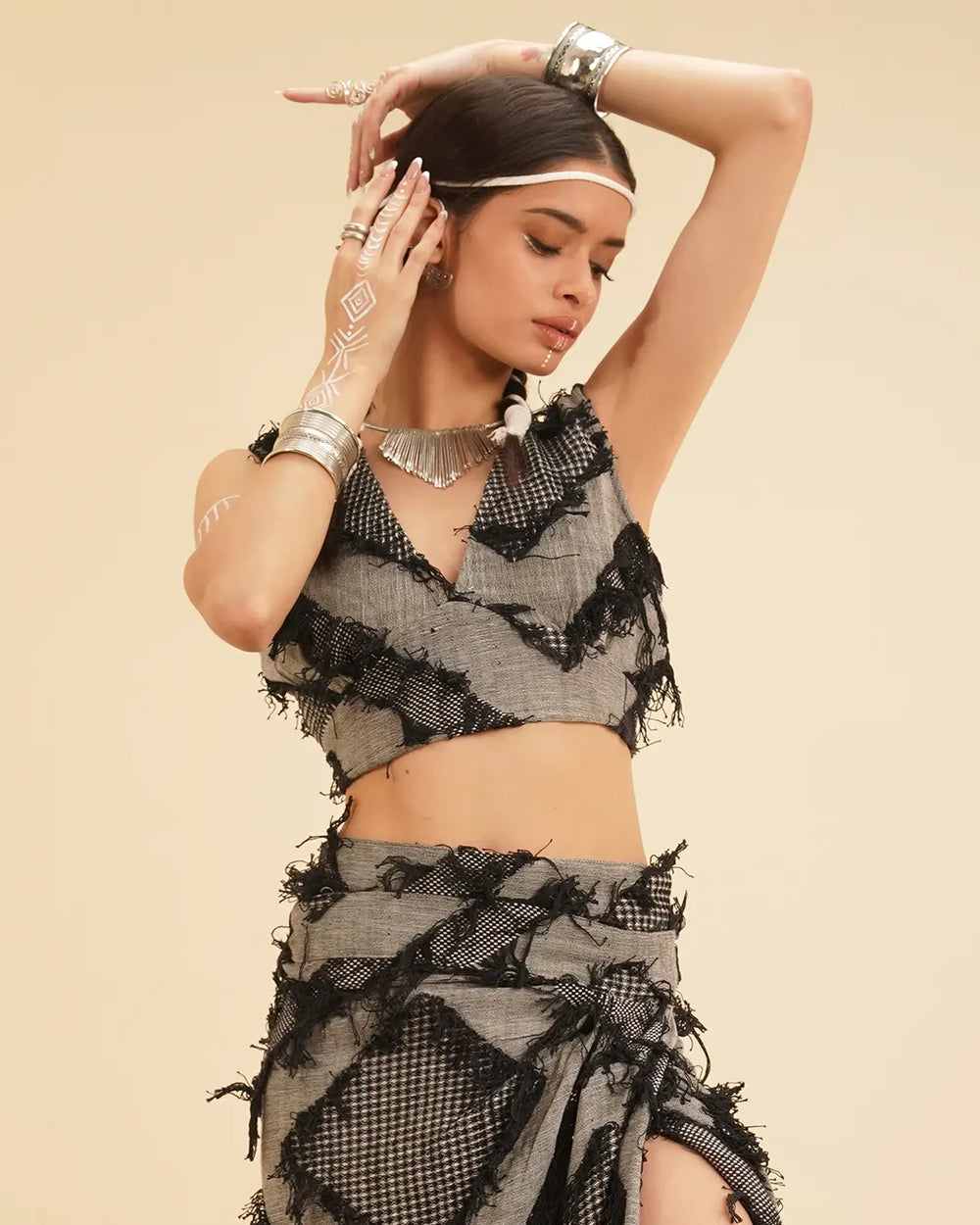 Black & Grey Patchwork Crop Vest Elastic Top for Women