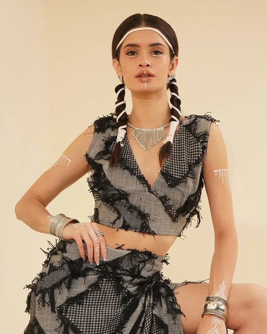 Black & Grey Patchwork Crop Vest Elastic Top for Women