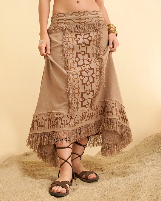 Tao Pay Block Print Fringe Long Skirt