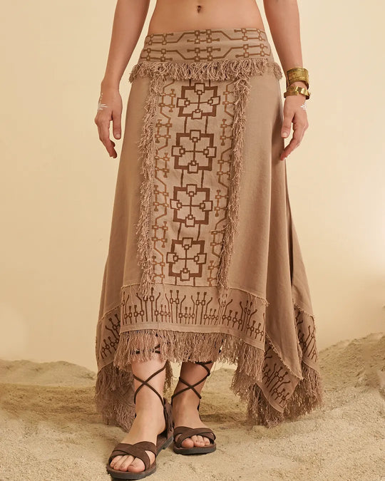 Tao Pay Block Print Fringe Long Skirt