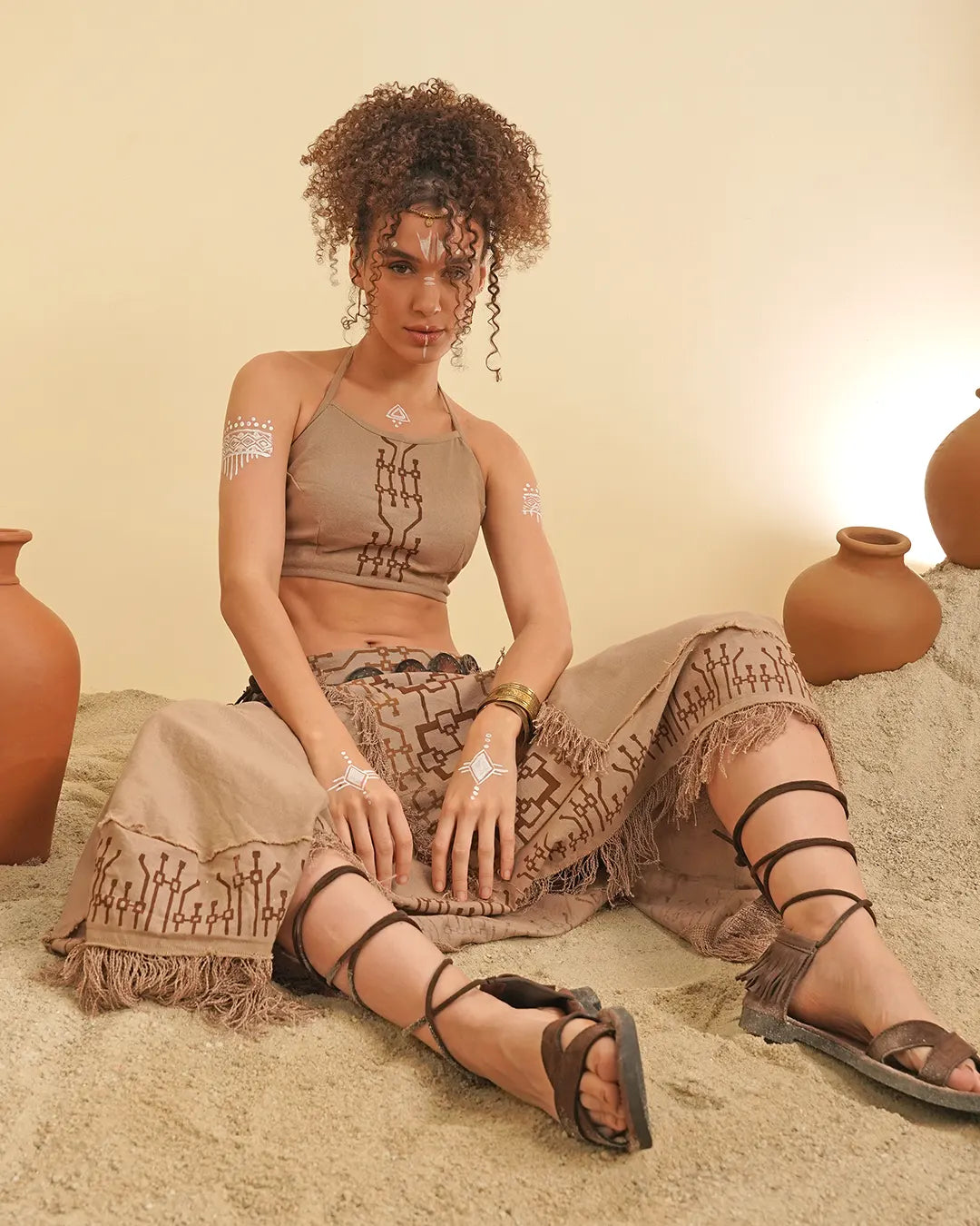 Tao Pay Block Print Fringe Long Skirt