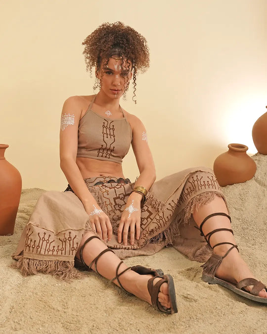 Tao Pay Block Print Fringe Long Skirt