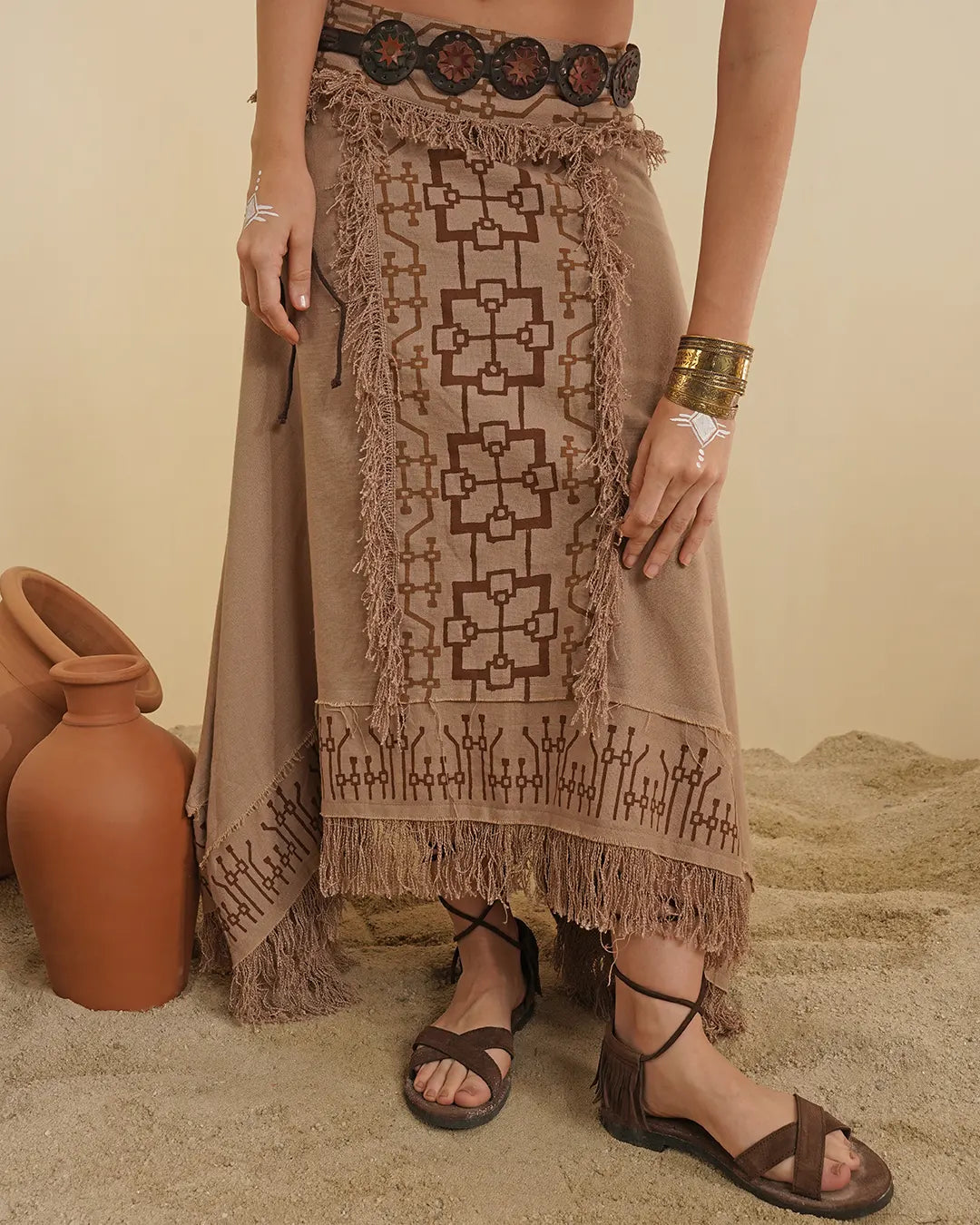 Tao Pay Block Print Fringe Long Skirt