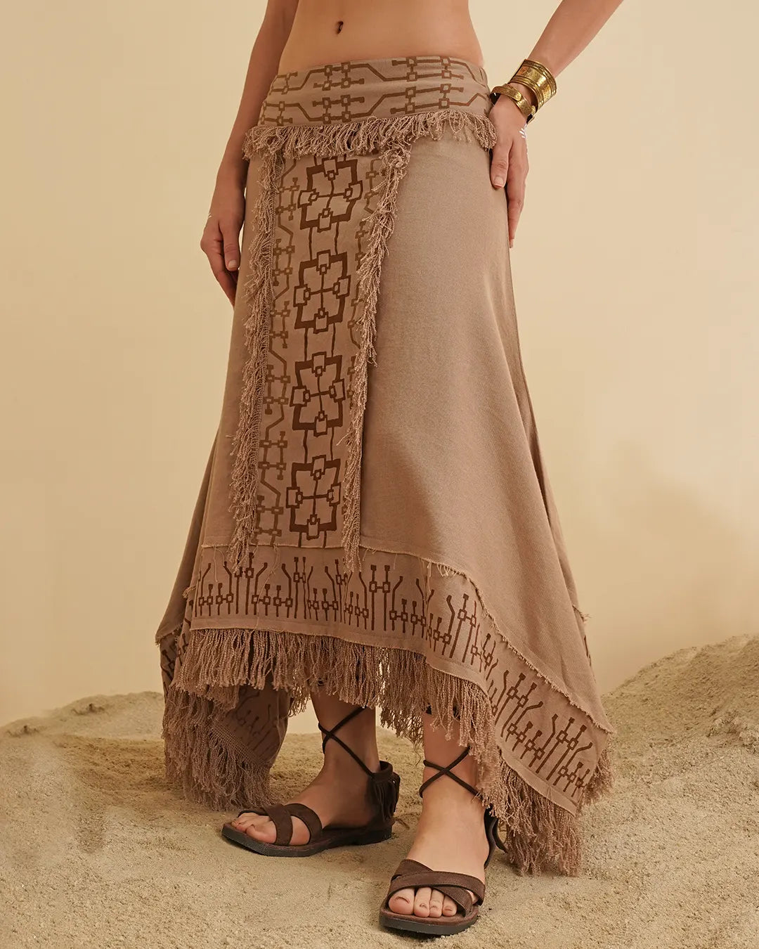Tao Pay Block Print Fringe Long Skirt