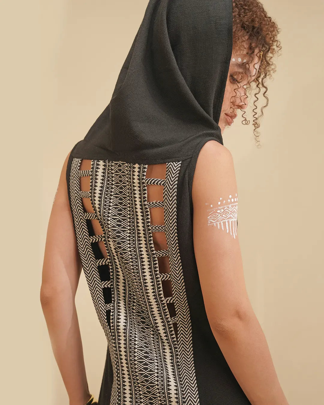 Tribal Hooded Patchwork Long Dress – Black Alba Fabric