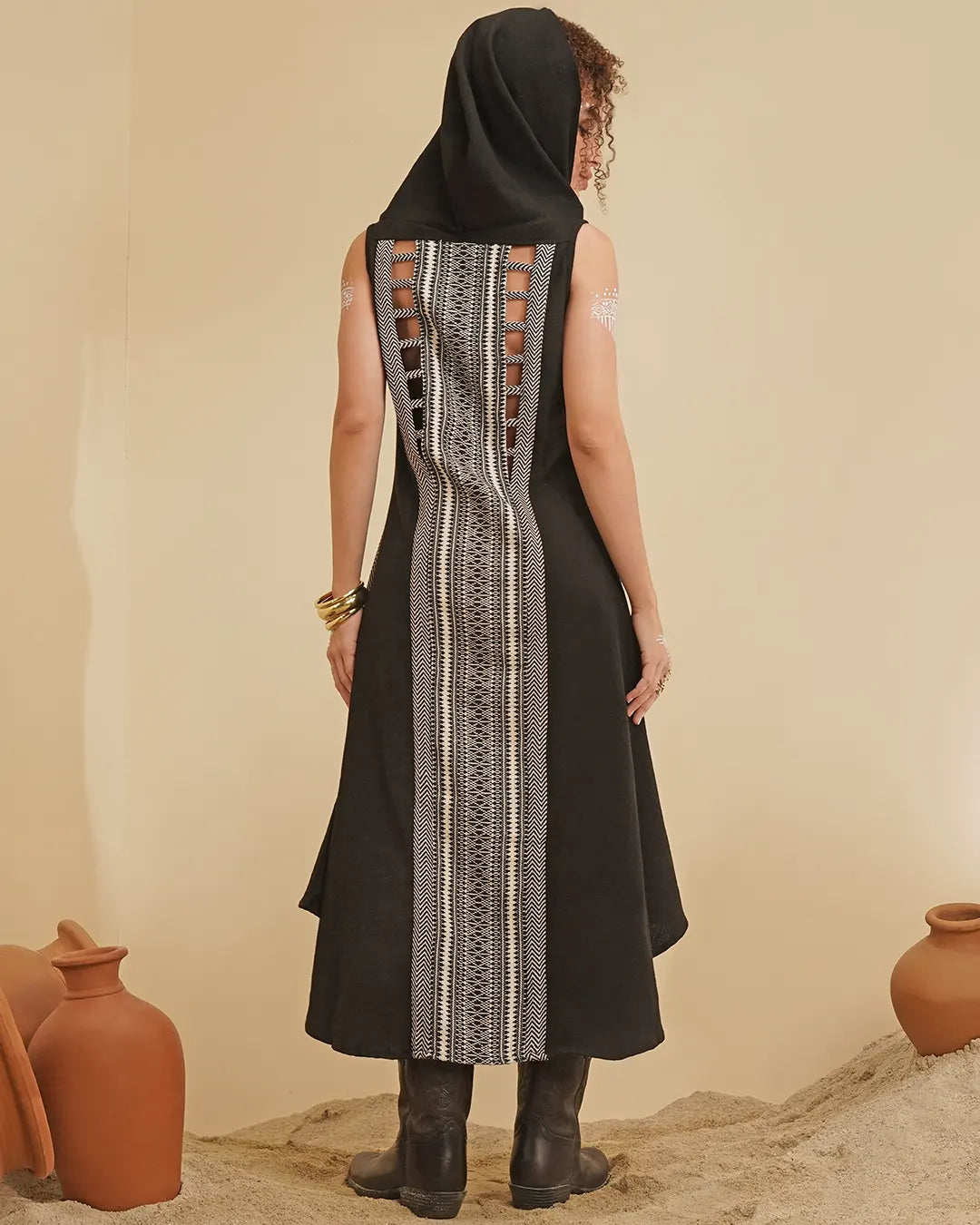 Tribal Hooded Patchwork Long Dress – Black Alba Fabric
