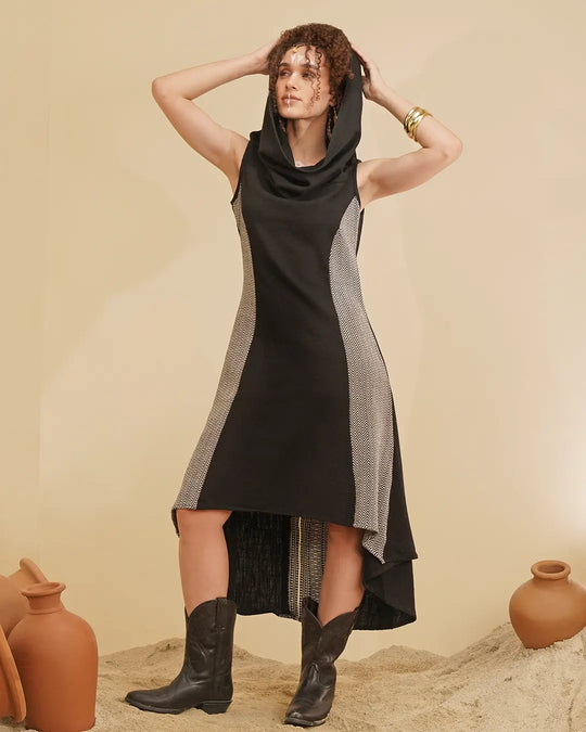Tribal Hooded Patchwork Long Dress – Black Alba Fabric