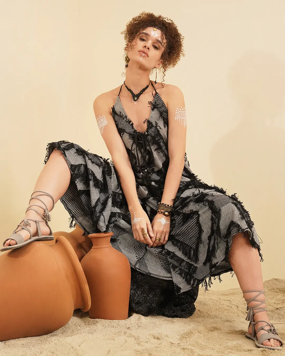 Black & Silver Grey Butterfly Cotton Maxi Festival Dress