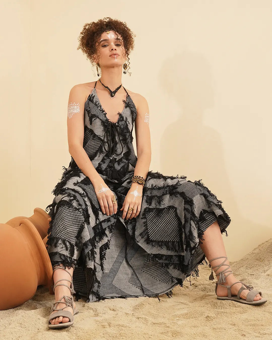 Black & Silver Grey Butterfly Cotton Maxi Festival Dress