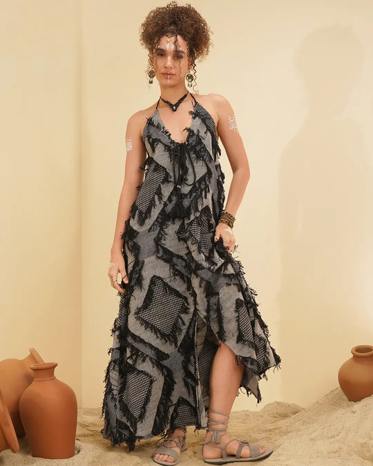 Black & Silver Grey Butterfly Cotton Maxi Festival Dress