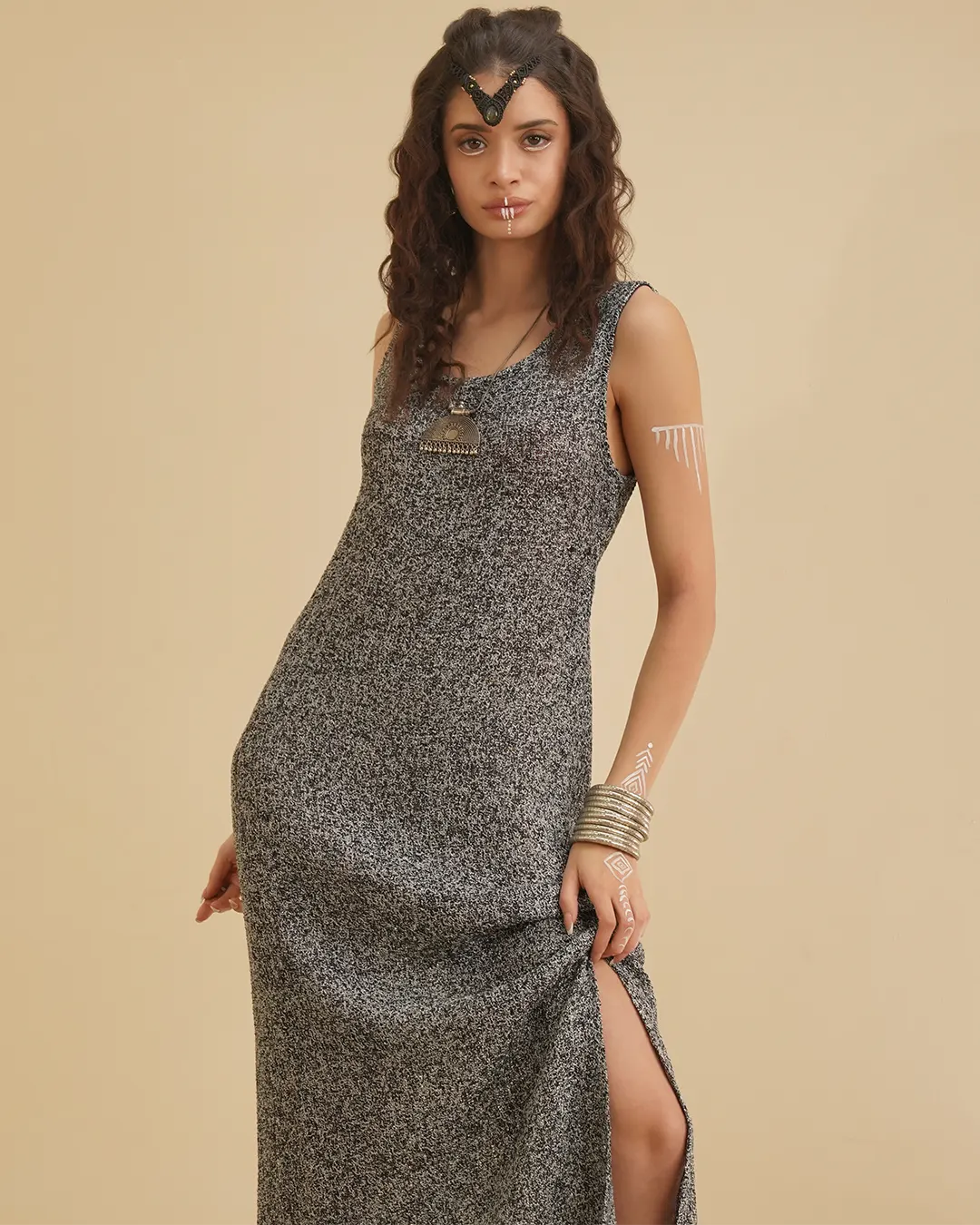 Silver & Black Spinder Long Maxi Dress for Women