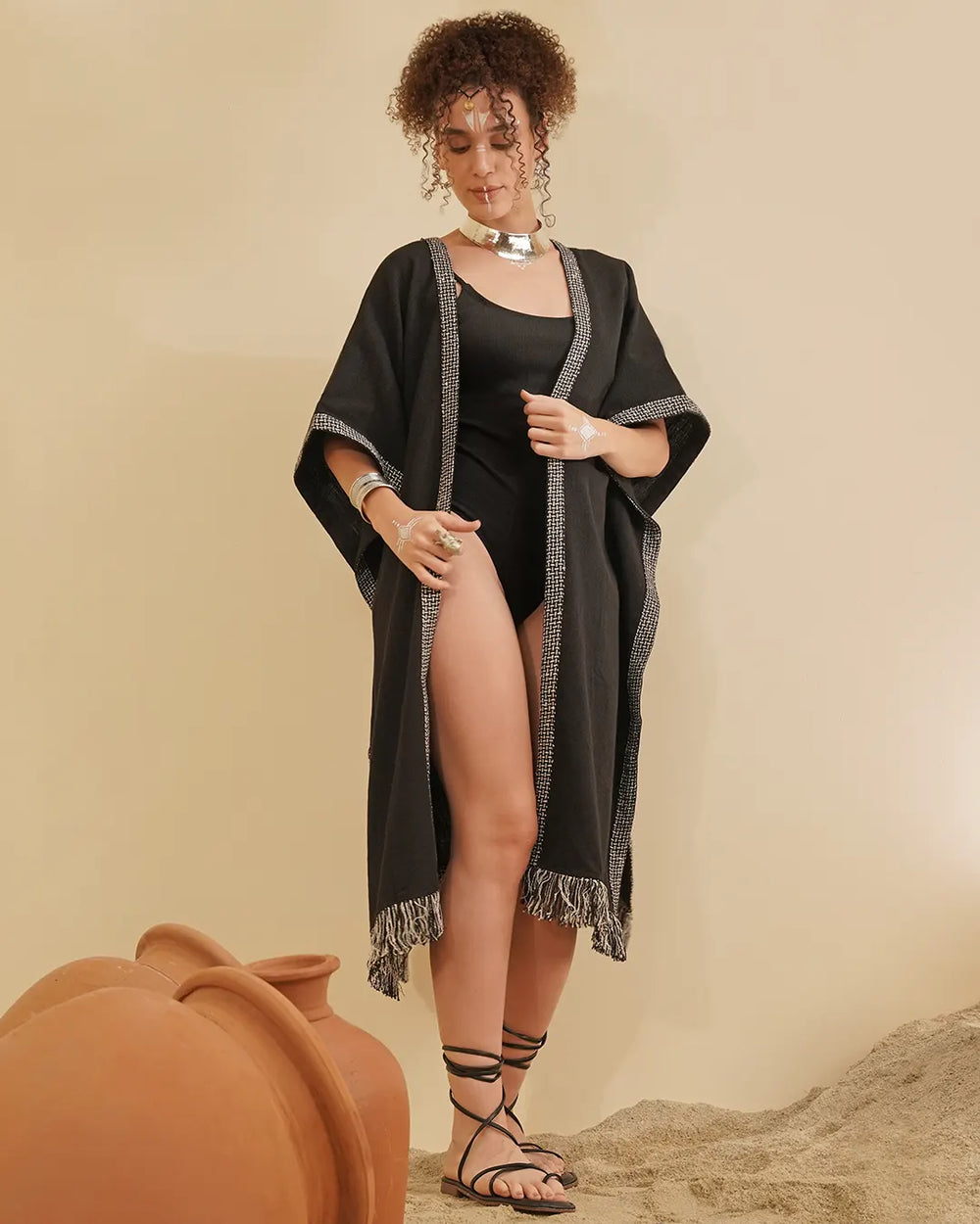 Black Alba Kaftan with Geometric Print Stripe Lace