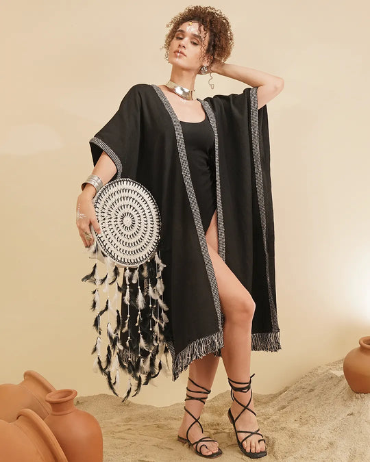 Black Alba Kaftan with Geometric Print Stripe Lace