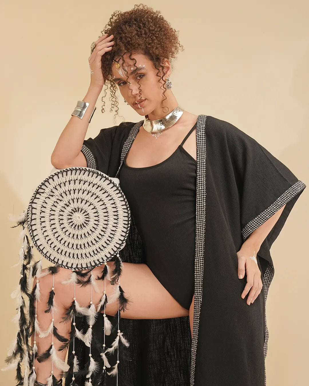 Black Alba Kaftan with Geometric Print Stripe Lace