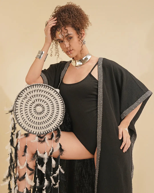 Black Alba Kaftan with Geometric Print Stripe Lace