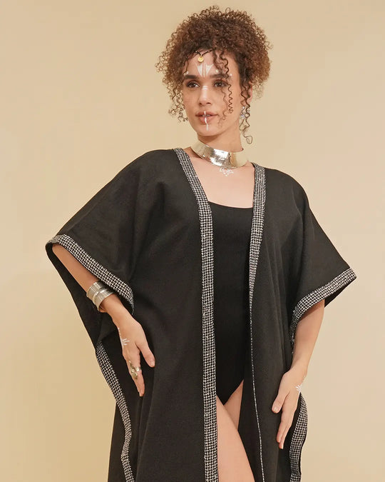 Black Alba Kaftan with Geometric Print Stripe Lace
