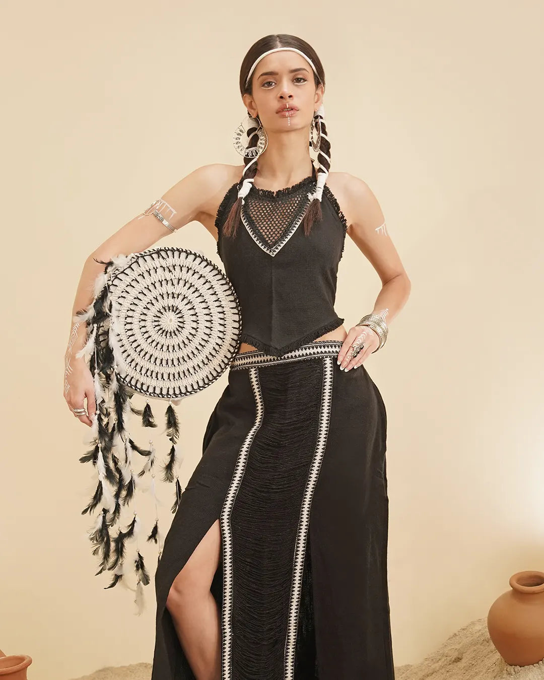 Black Net Bra Festival String Top in Alba Fabric