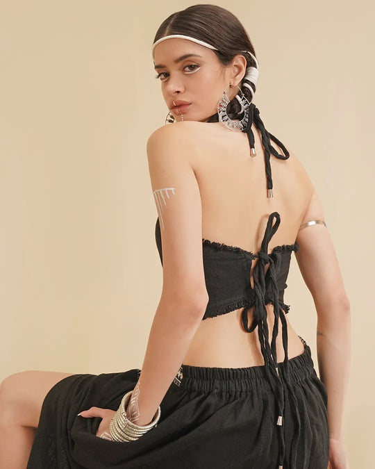 Black Net Bra Festival String Top in Alba Fabric