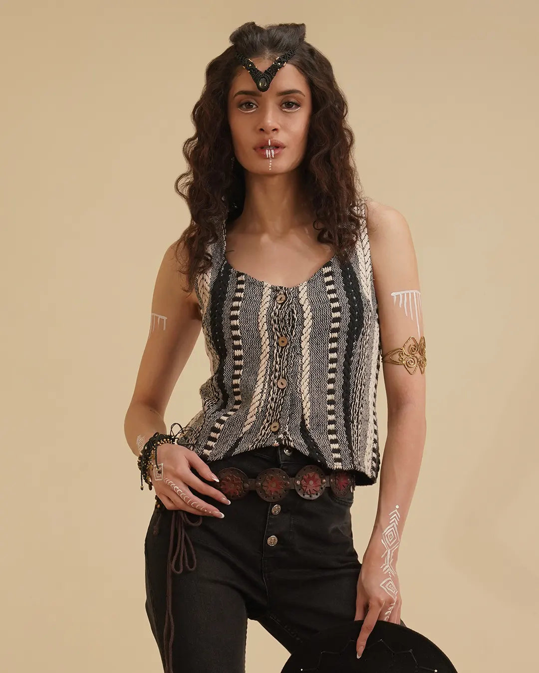 Nomad Tribe Short Vest | Tribal Stripe Festival Top